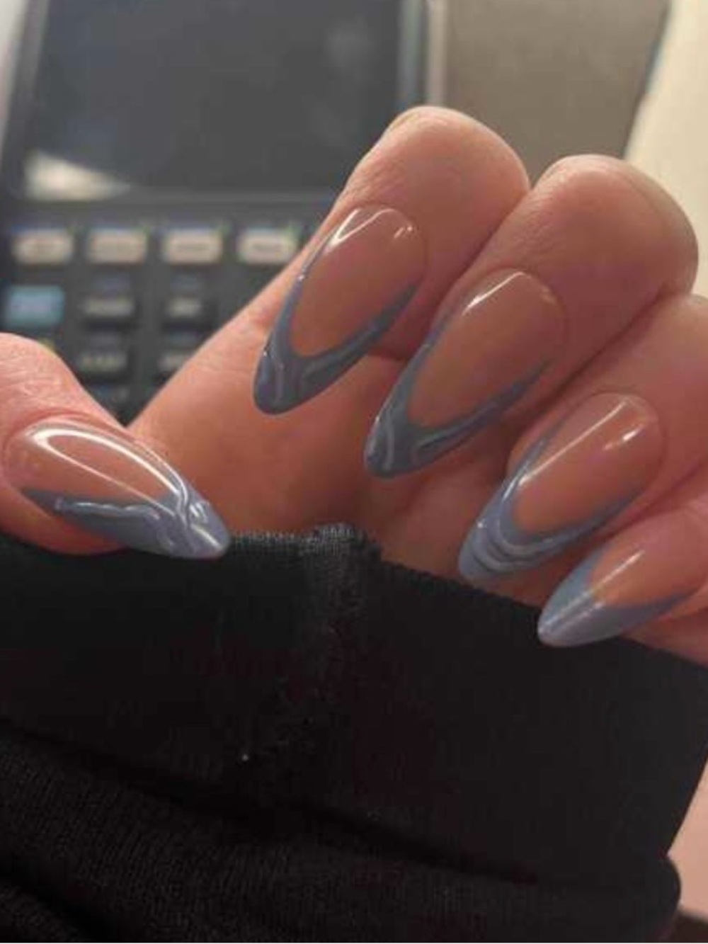 Blue Almond French Tip Nails with 3D Swirls
